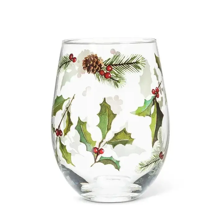 Abbott Holly Pinecones Berries Stemless Wine Glass Earrings