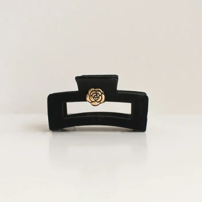 Candlewick Gift Shop Black Velvet Hair Clip Gold Flower Earrings