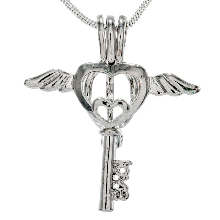 CPSP016 Necklaces Cage Pendant Silver Plated Love Wing Key