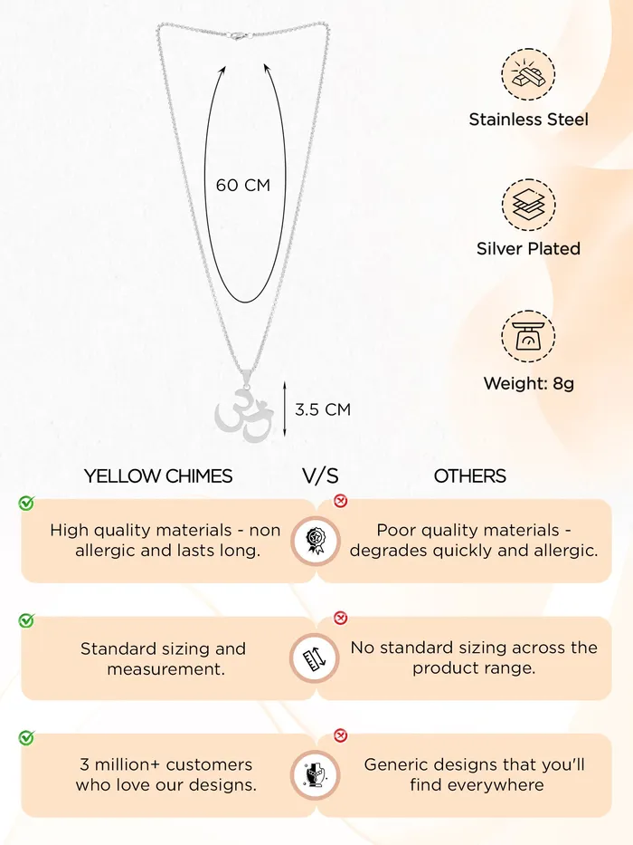 Earrings Yellow Chimes Chain Pendant for Men Fashion Silver Pendants for Men Om Shaped Pendent Necklace Stainless Steel Chain for Boys Accessories for Men Birthday Gift for Men Boys Yellow Chimes
