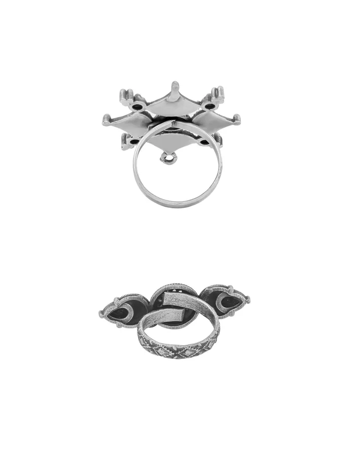 Earrings Yellow Chimes Combo Oxidised Silver Ring Set for Women Adjustable 2Pcs Classic Design Silver