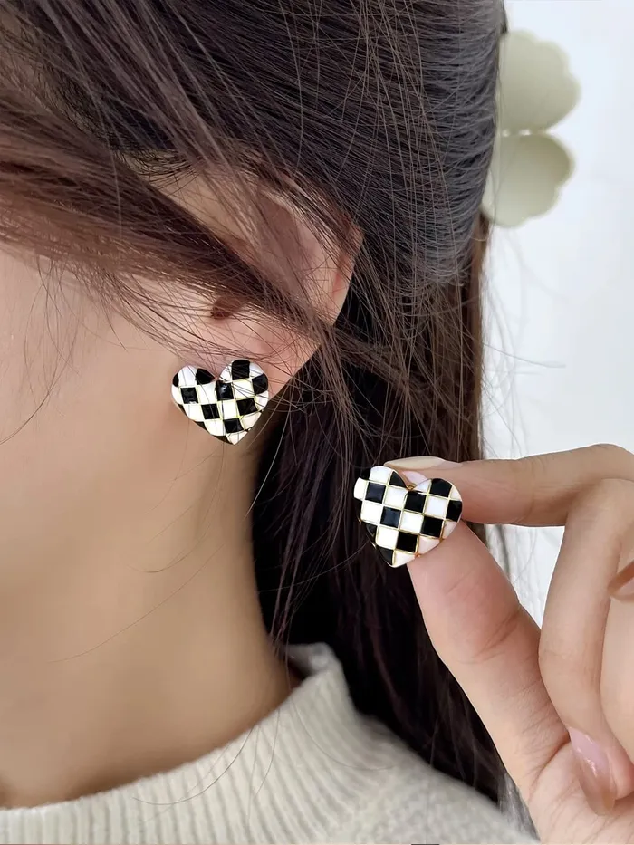 Earrings Yellow Chimes Earrings For Women Black and White Heart Shaped Stud Earrings For Women and Girls Yellow Chimes