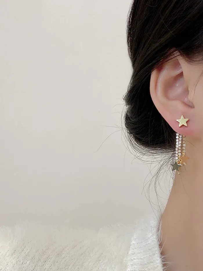 Earrings Yellow Chimes Earrings For Women Gold Toned Star Shape Stud With Chain Back Drop Earrings For Women and Girls Yellow Chimes