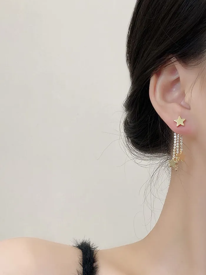 Earrings Yellow Chimes Earrings For Women Gold Toned Star Shape Stud With Chain Back Drop Earrings For Women and Girls Yellow Chimes