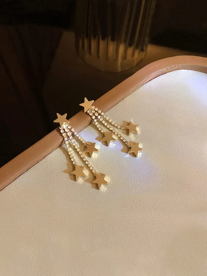 Earrings Yellow Chimes Earrings For Women Gold Toned Star Shape Stud With Chain Back Drop Earrings For Women and Girls Yellow Chimes