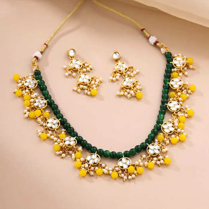 Earrings Yellow Chimes Jewellery Set for Women and Girls Kundan Necklace Set Gold Plated White Beads Drop Kundan Choker Necklace Set Birthday Gift for girls and women Anniversary Gift for Wife Yellow Chimes