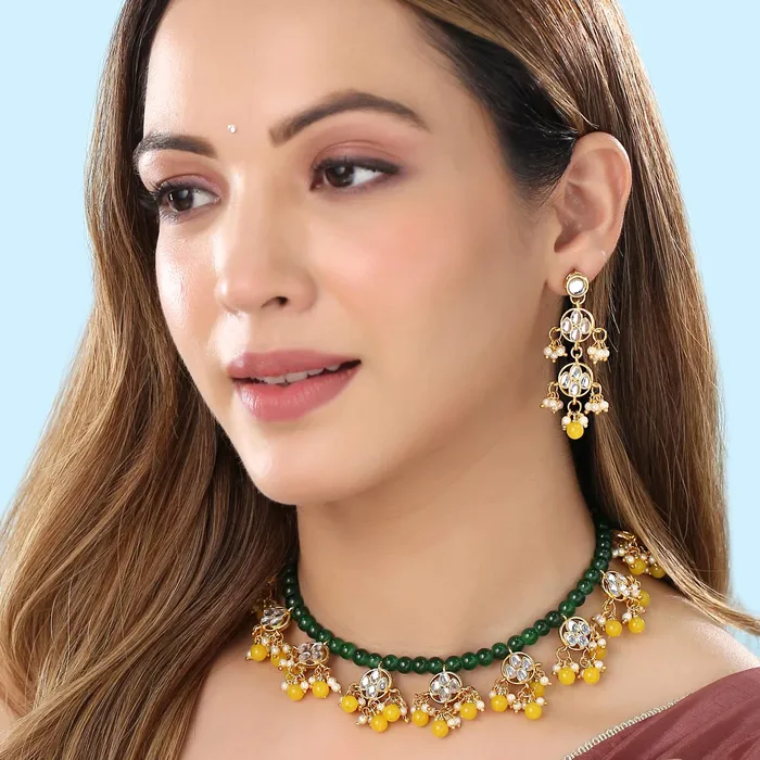 Earrings Yellow Chimes Jewellery Set for Women and Girls Kundan Necklace Set Gold Plated White Beads Drop Kundan Choker Necklace Set Birthday Gift for girls and women Anniversary Gift for Wife Yellow Chimes