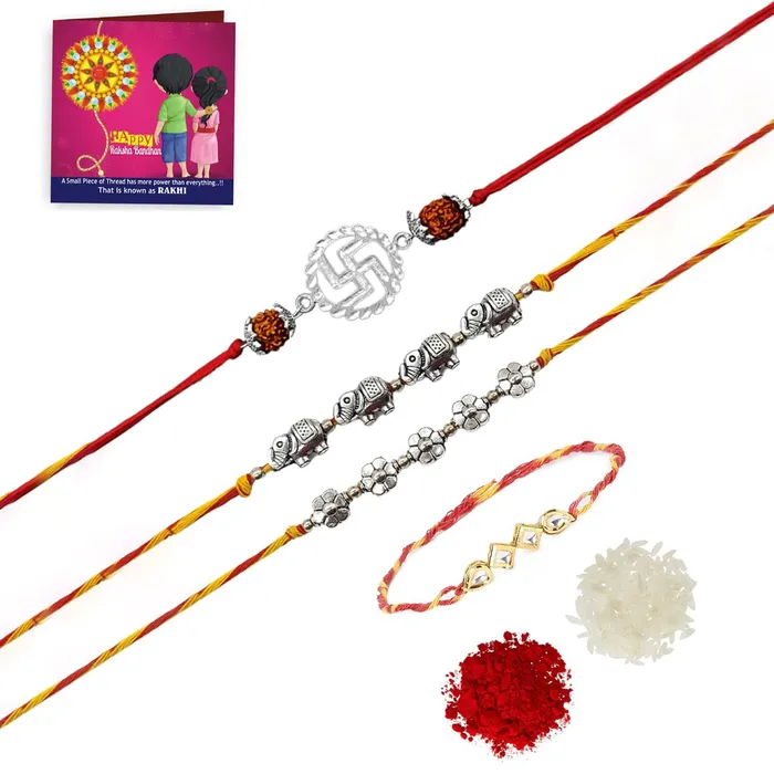 Earrings Yellow Chimes Rakhi for Brother Combo of 4 Rakhi Set for Brother Traditional Gold and Silver Plated Kundan Rakhi Set for Brother and Sister Rakhi with Roli Chawal and Greeting Card Yellow Chimes