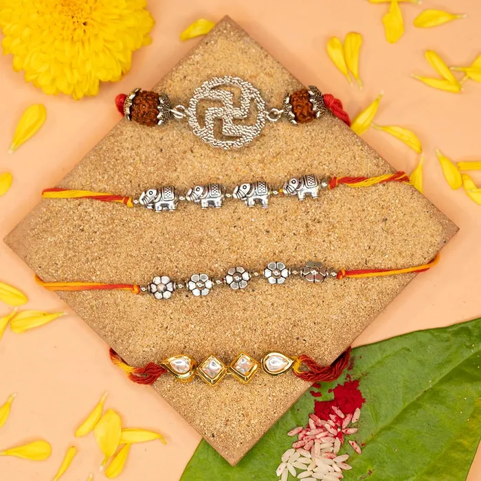 Earrings Yellow Chimes Rakhi for Brother Combo of 4 Rakhi Set for Brother Traditional Gold and Silver Plated Kundan Rakhi Set for Brother and Sister Rakhi with Roli Chawal and Greeting Card Yellow Chimes