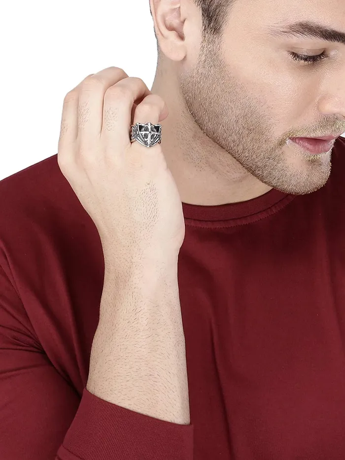 Earrings Yellow Chimes Rings for Men Silver Ring Engraved Cross Divine Stainless Steel Bikers Rings For Men and Boys Yellow Chimes