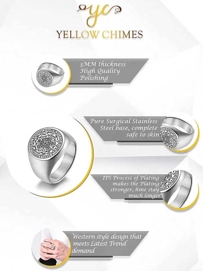 Earrings Yellow Chimes Rings for Men Stainless Steel Silver Ring The Seals of The Seven Archangels Protection Band Designed Ring for Men and Boys Yellow Chimes