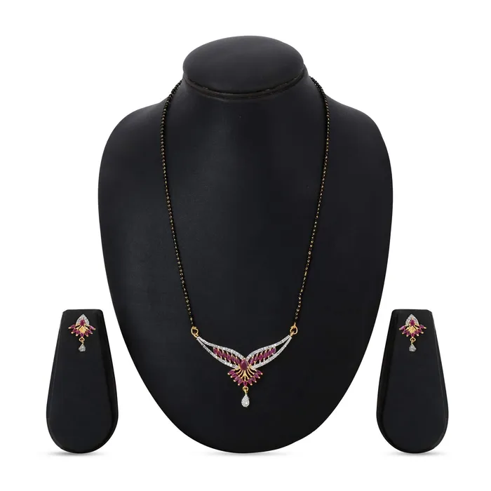 Earrings Yellow Chimes Yellow Chimes Classic Pink ADAmerican Diamond Studded Ethnic Black Beads Designer Mangalsutra Set with Earrings for Women