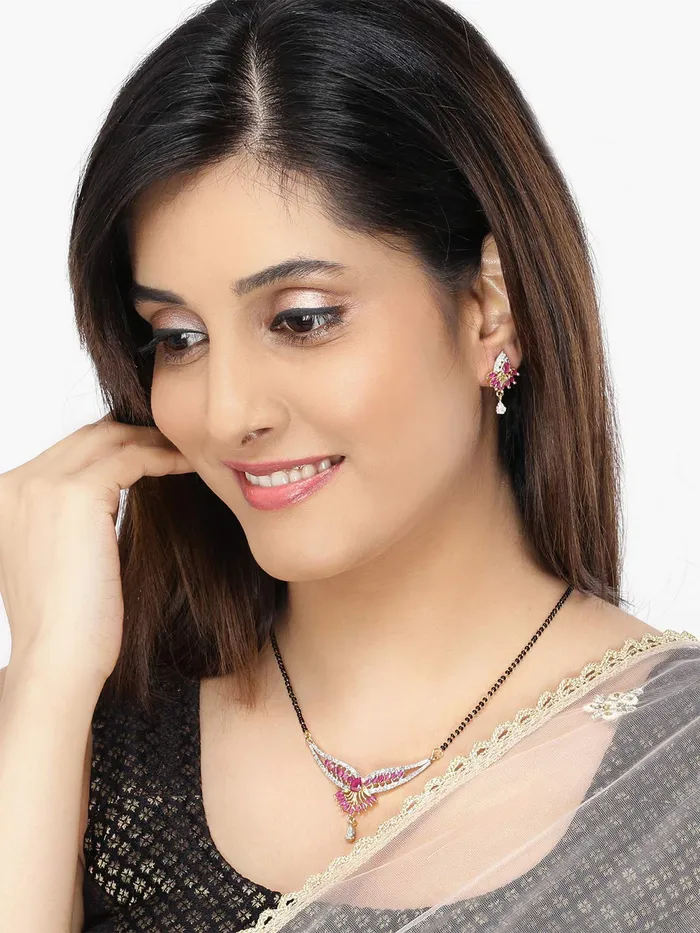 Earrings Yellow Chimes Yellow Chimes Classic Pink ADAmerican Diamond Studded Ethnic Black Beads Designer Mangalsutra Set with Earrings for Women