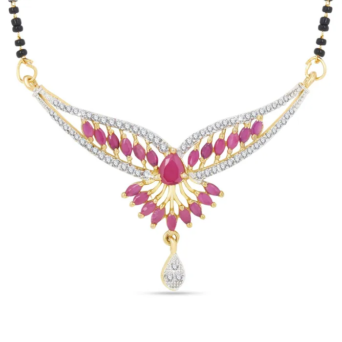 Earrings Yellow Chimes Yellow Chimes Classic Pink ADAmerican Diamond Studded Ethnic Black Beads Designer Mangalsutra Set with Earrings for Women