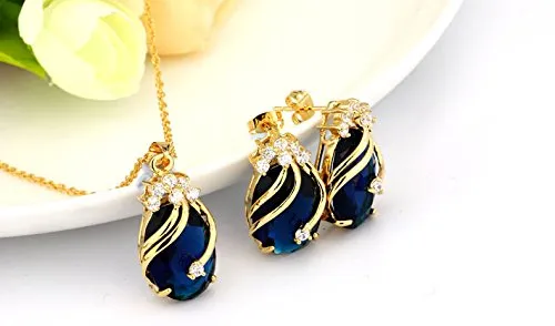 Earrings Yellow Chimes Yellow Chimes Crown Drop Blue Gold Plated Pendant Set for Girls and Women