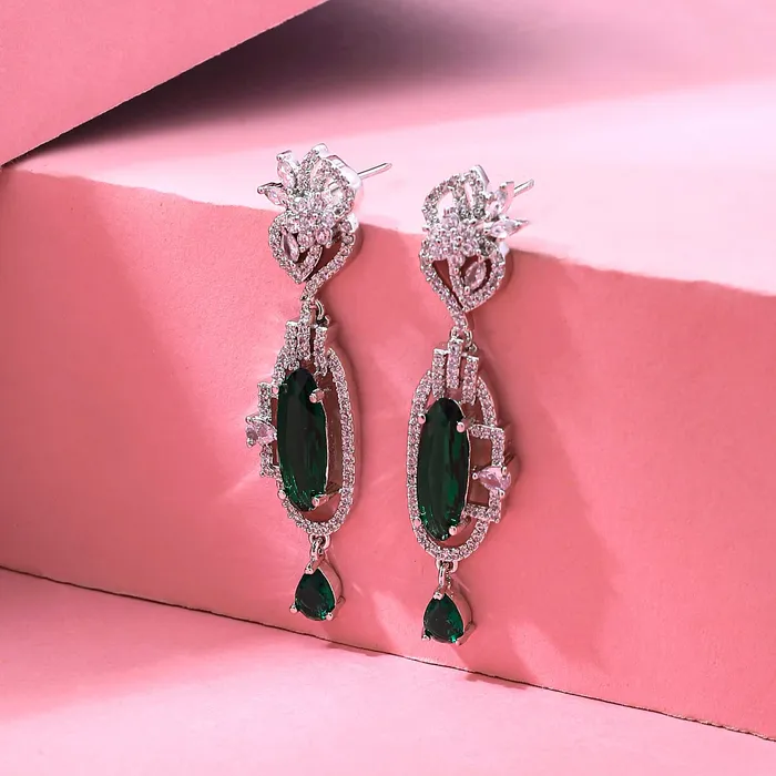 Earrings Yellow Chimes Yellow Chimes Earrings for Women and Girls American Diamond Drop Silver Tone Green AD Stone Drop Earrings Birthday Gift for girls and women Anniversary Gift for Wife