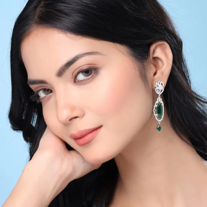 Earrings Yellow Chimes Yellow Chimes Earrings for Women and Girls American Diamond Drop Silver Tone Green AD Stone Drop Earrings Birthday Gift for girls and women Anniversary Gift for Wife