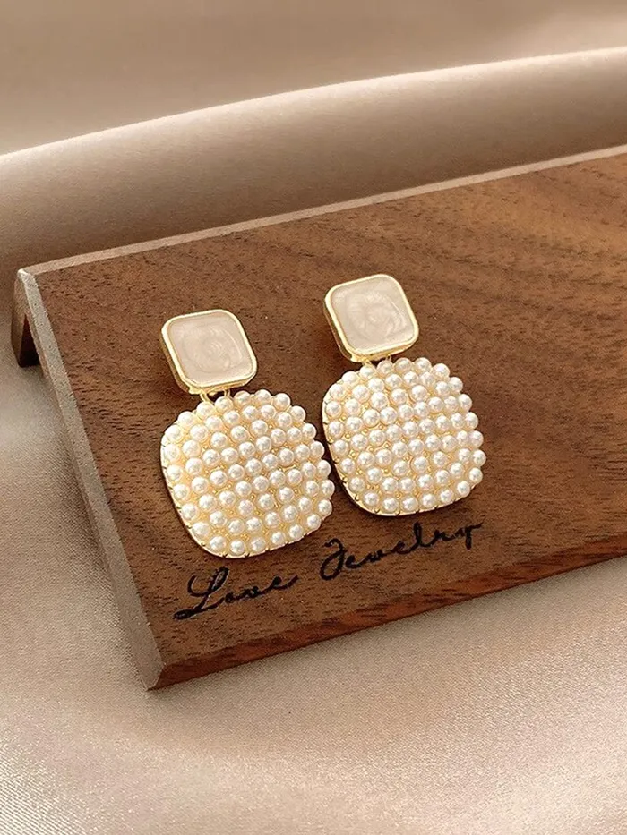 Earrings Yellow Chimes Yellow Chimes Earrings For Women White Color Small Pearl Beads Studded Geometrical Shape Drop Earrings For Women and Girls