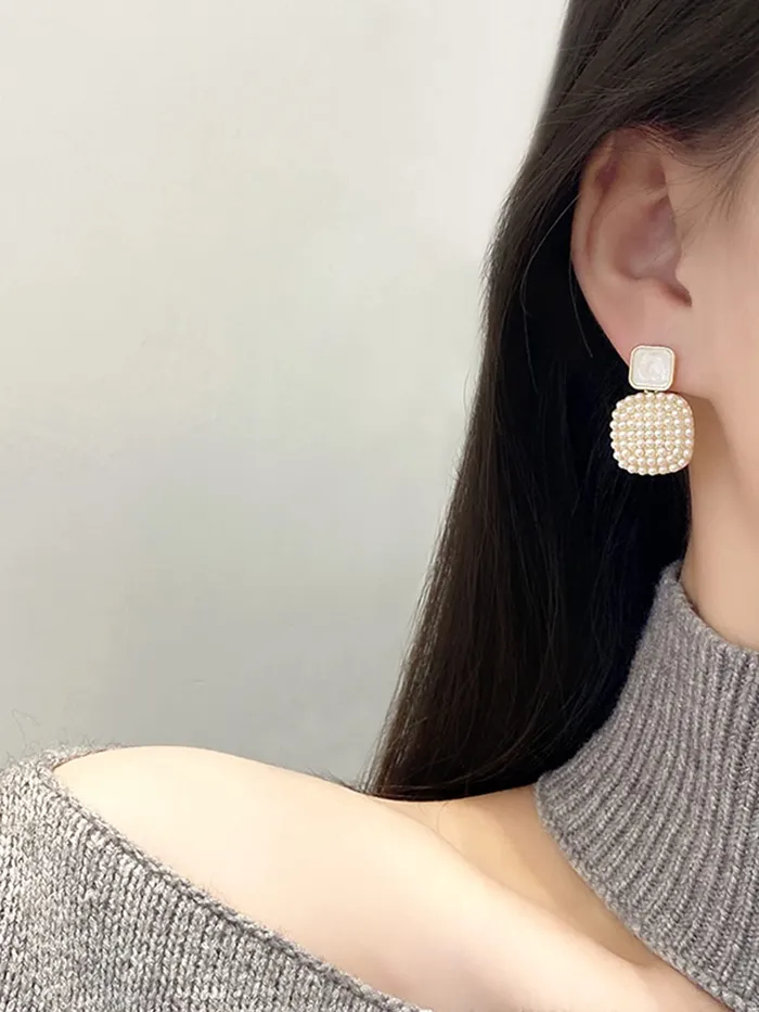 Earrings Yellow Chimes Yellow Chimes Earrings For Women White Color Small Pearl Beads Studded Geometrical Shape Drop Earrings For Women and Girls