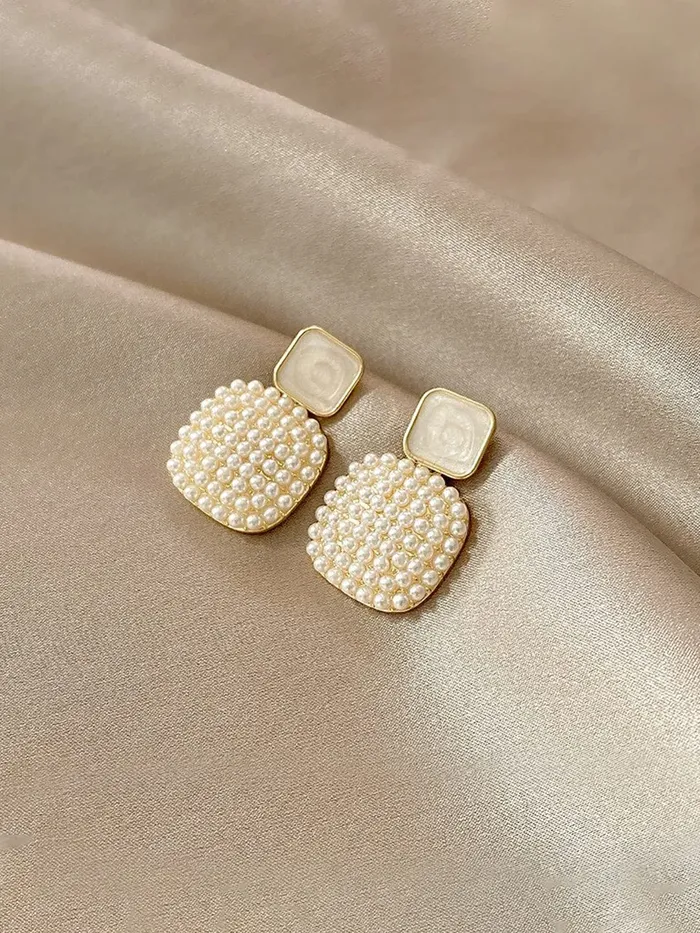 Earrings Yellow Chimes Yellow Chimes Earrings For Women White Color Small Pearl Beads Studded Geometrical Shape Drop Earrings For Women and Girls