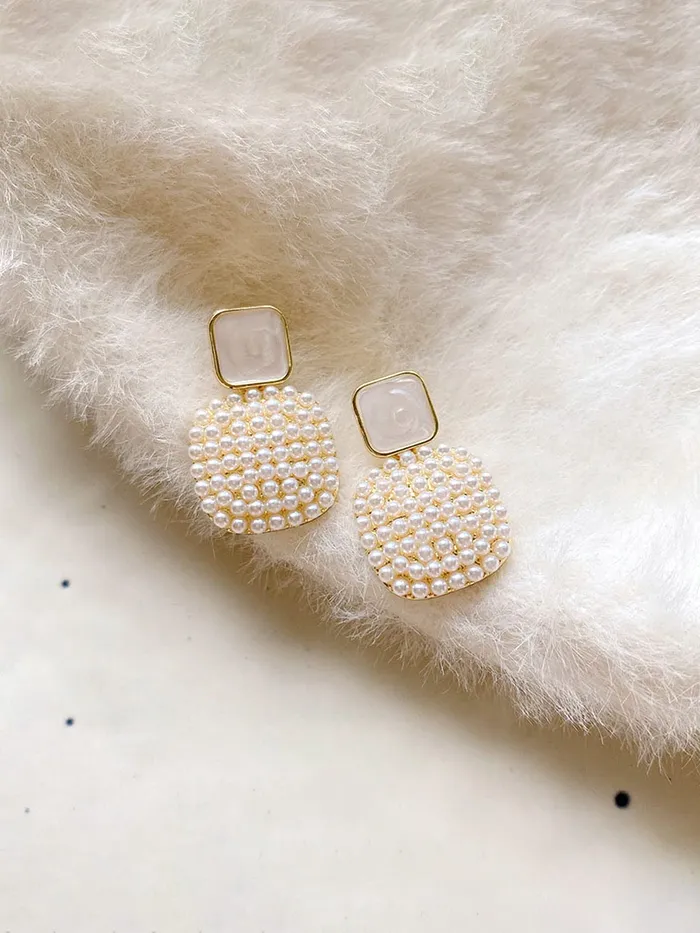 Earrings Yellow Chimes Yellow Chimes Earrings For Women White Color Small Pearl Beads Studded Geometrical Shape Drop Earrings For Women and Girls