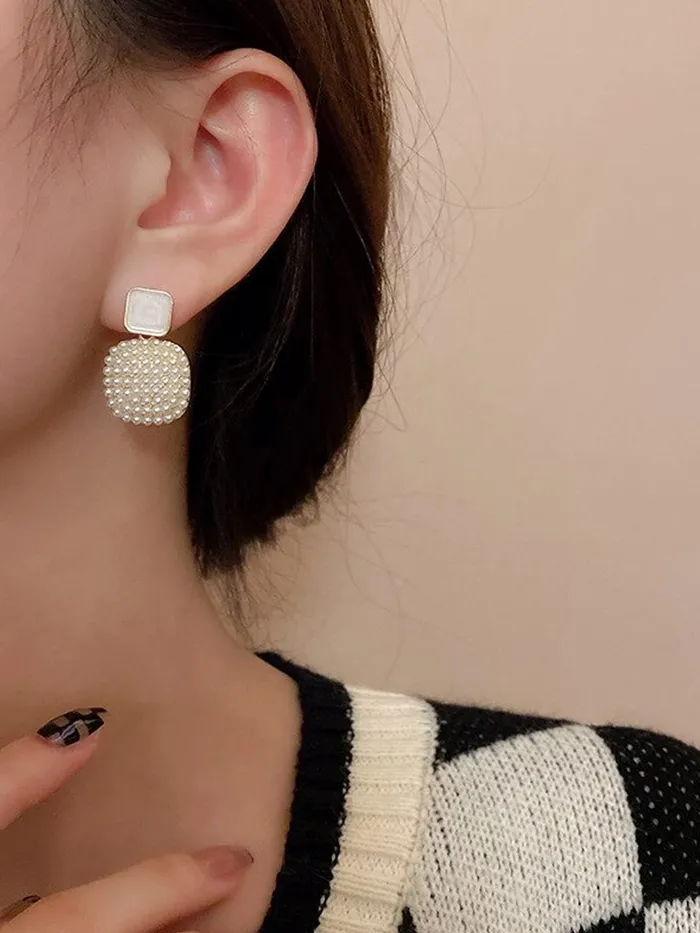 Earrings Yellow Chimes Yellow Chimes Earrings For Women White Color Small Pearl Beads Studded Geometrical Shape Drop Earrings For Women and Girls