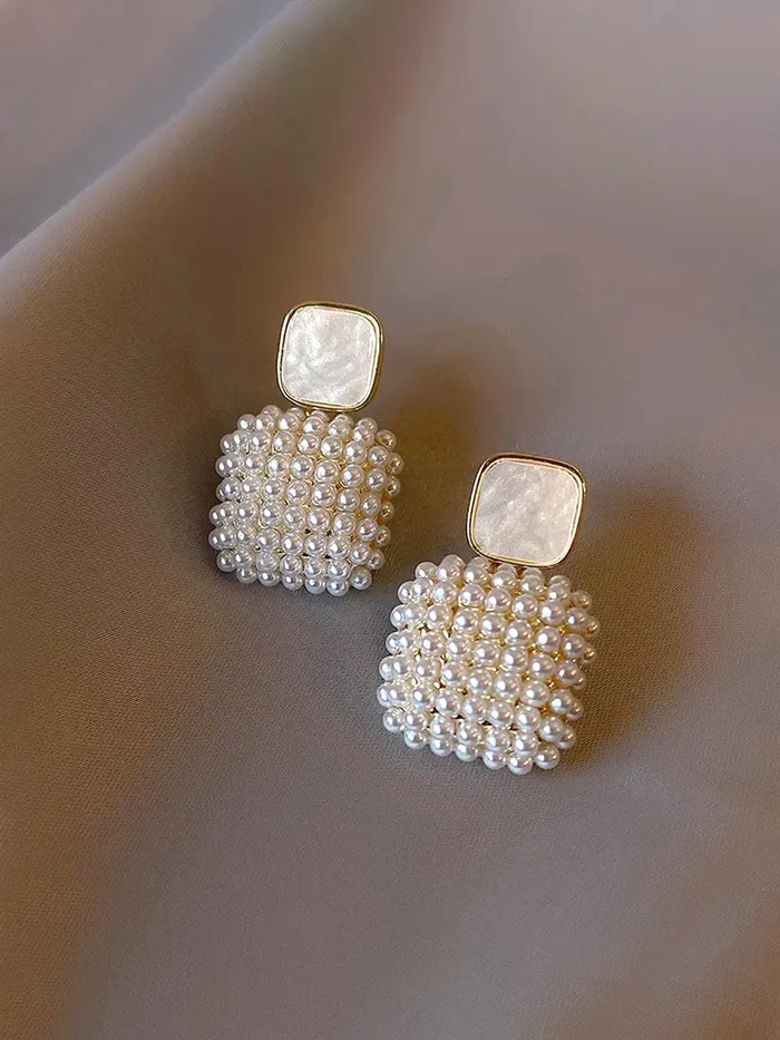 Earrings Yellow Chimes Yellow Chimes Earrings For Women White Color Small Pearl Beads Studded Geometrical Shape Drop Earrings For Women and Girls