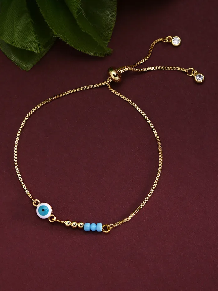 Earrings Yellow Chimes Yellow Chimes Evil Eye Beads Gold Plated Adjustable Unisex Hand Bracelet for Men and Women Medium