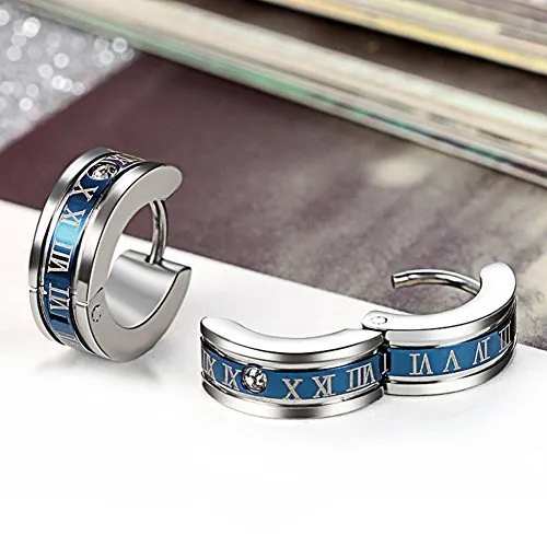 Earrings Yellow Chimes Yellow Chimes Hoop Earrings for Men Roman Numbers Western Style 316L Stainless Steel Blue Hoop Earrings for Men and Women