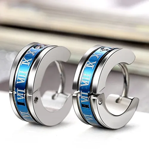 Earrings Yellow Chimes Yellow Chimes Hoop Earrings for Men Roman Numbers Western Style 316L Stainless Steel Blue Hoop Earrings for Men and Women