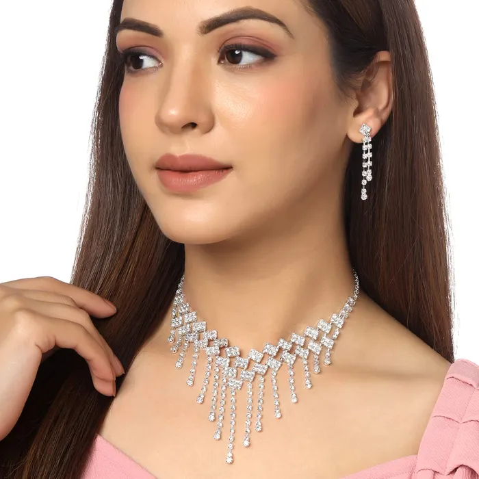 Earrings Yellow Chimes Yellow Chimes Jewellery Set For Women Silver Toned Drop Chain Designed Necklace Set With Earring For Women and Girls