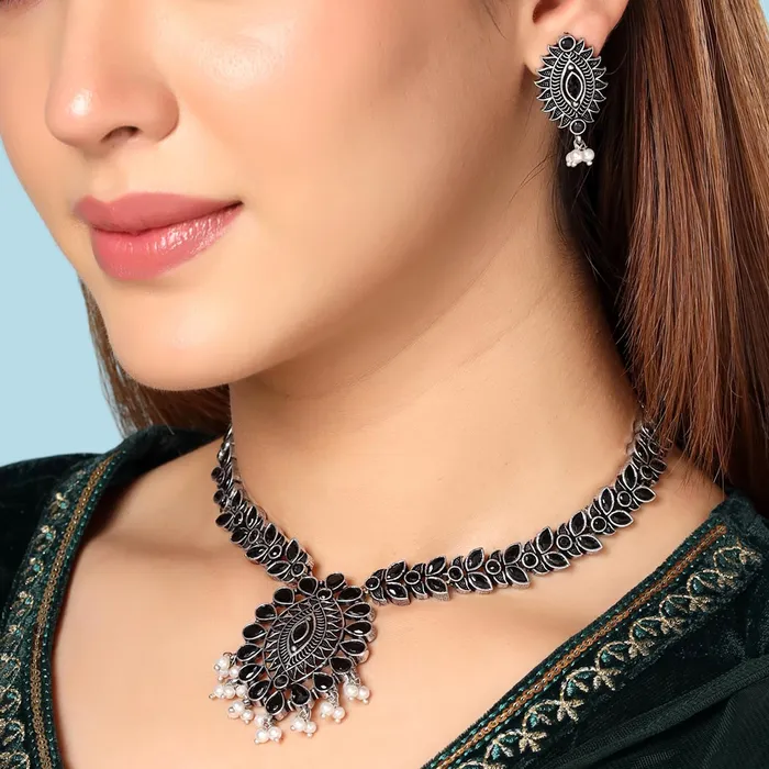 Earrings Yellow Chimes Yellow Chimes Necklace for Women and Girls Silver Oxidised Necklace for Women Stone Studded Oxidised Silver Necklace for women Birthday Gift for girls and women Anniversary Gift for Wife