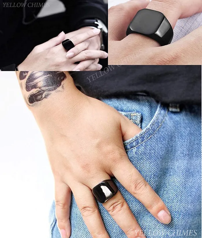 Earrings Yellow Chimes Yellow Chimes Rings for Men black Polished Titanium Stainless Steel Smooth Finished Rings for Men and Boys