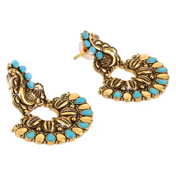 Earrings Yellow Chimes Yellow Chimes Turquoise Elegant Peacock Shaped Oxidised Golden Traditional Chandbali Earrings for Women and Girls