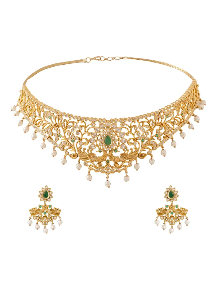 Elegant Ethnic Gold Plated AD Choker Necklace Set Traditional Jewellery One Size Gold Yellow Chimes Necklaces Elegant Ethnic Gold Plated AD Choker Necklace Set Traditional Jewellery One Size Gold Yellow Chimes Necklaces