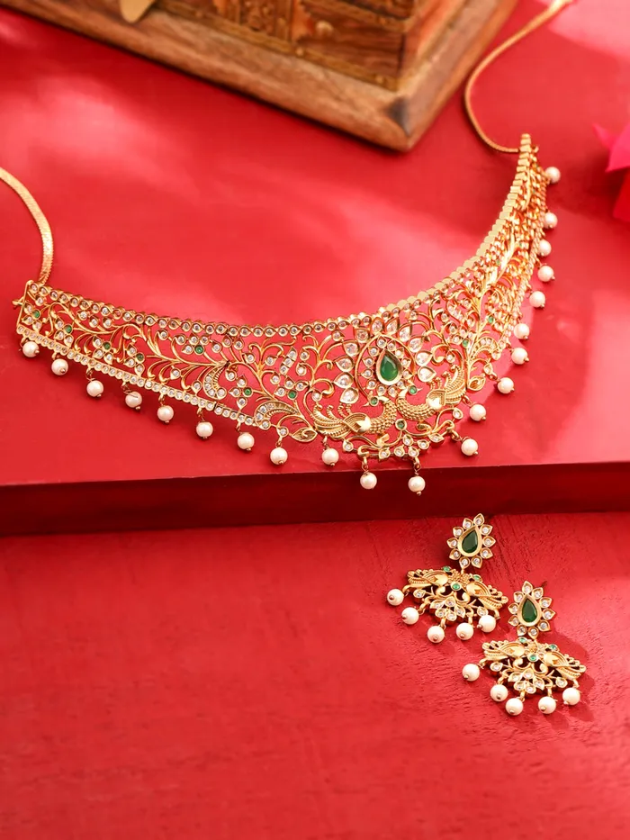 Elegant Ethnic Gold Plated AD Choker Necklace Set Traditional Jewellery One Size Gold Yellow Chimes Necklaces