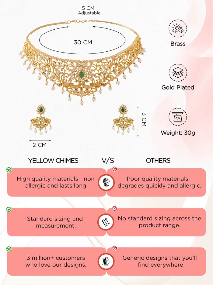 Elegant Ethnic Gold Plated AD Choker Necklace Set Traditional Jewellery One Size Gold Yellow Chimes Necklaces