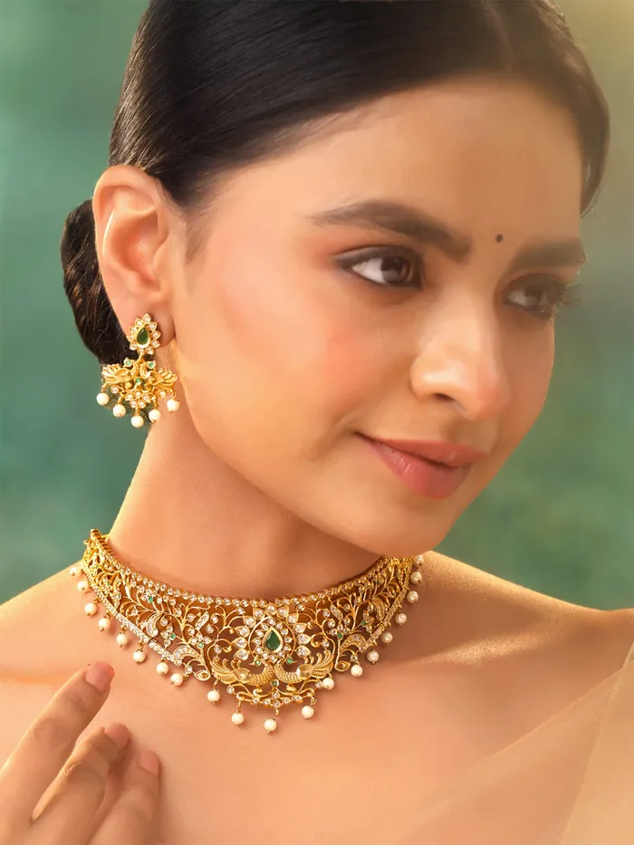Elegant Ethnic Gold Plated AD Choker Necklace Set Traditional Jewellery One Size Gold Yellow Chimes Necklaces