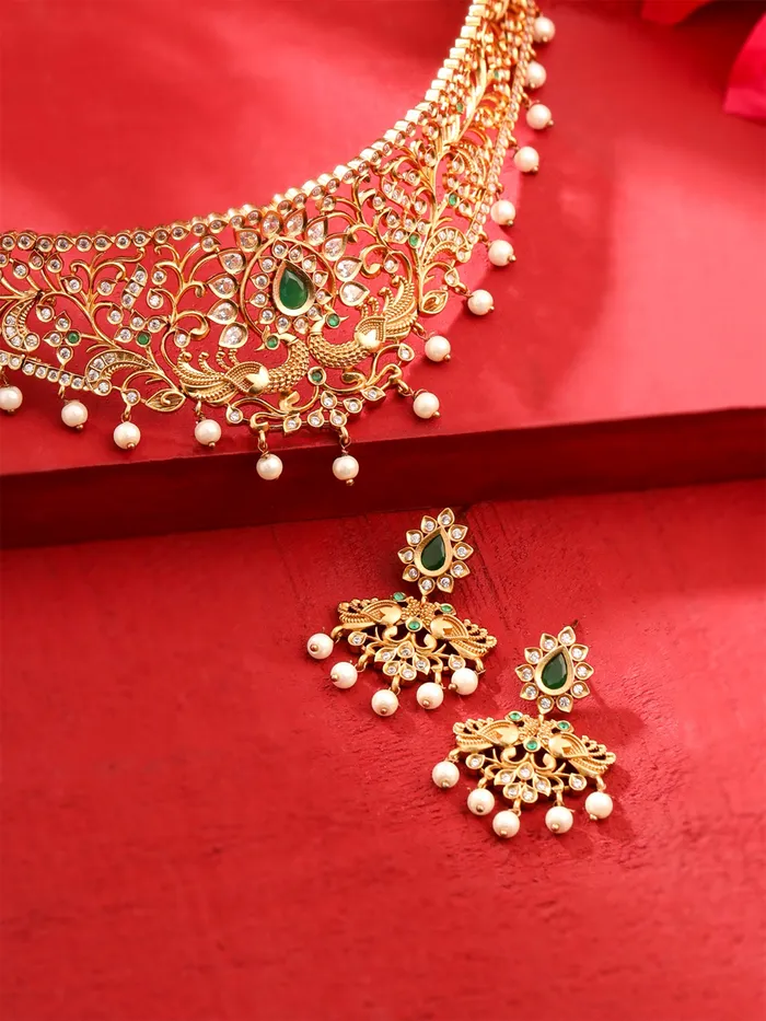 Elegant Ethnic Gold Plated AD Choker Necklace Set Traditional Jewellery One Size Gold Yellow Chimes Necklaces