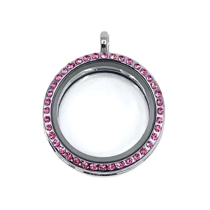 Glass Locket Pendant Magnetic 30mm Round Pink Rhinestone JE0187 Necklaces