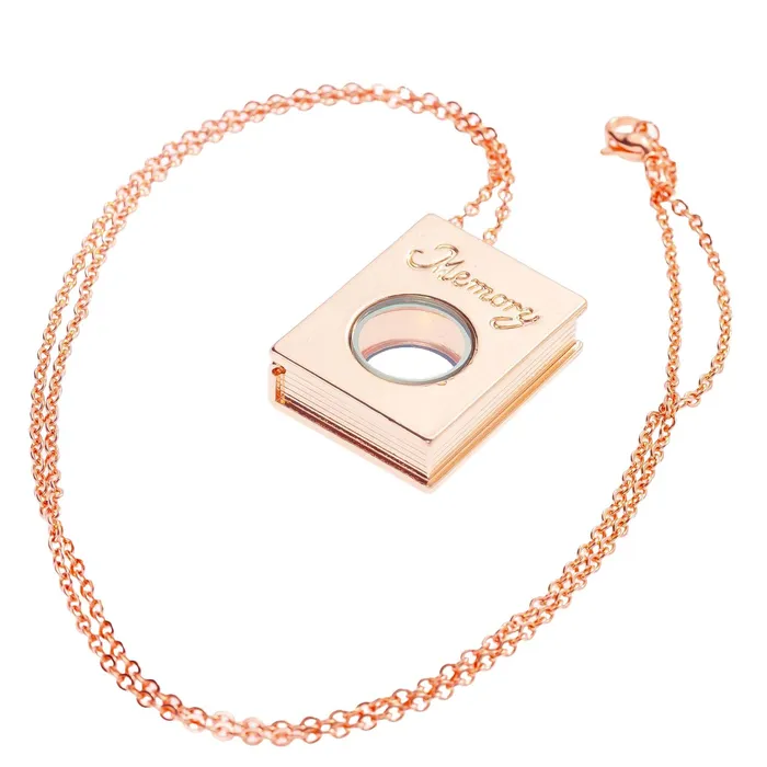 JE0221 Necklaces Glass Locket Pendant Magnetic Rose Gold Memory Book with Chain