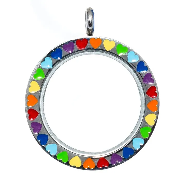 JE0294 Glass Locket Pendant Twist Off Round Heart Rainbow Enamel Necklaces