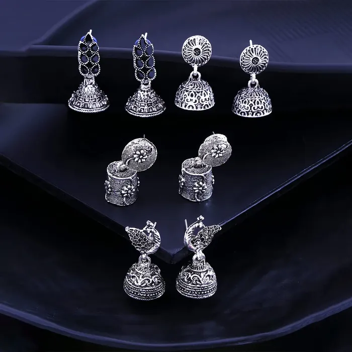 Kairangi Earrings Kairangi Earrings for Women and Girls 4 pcs of Combo Silver Oxidised Jhumka Earring Floral and Peacock Shaped Jhumki Earrings Combo Birthday Gift for girls women Anniversary Gift for Wife