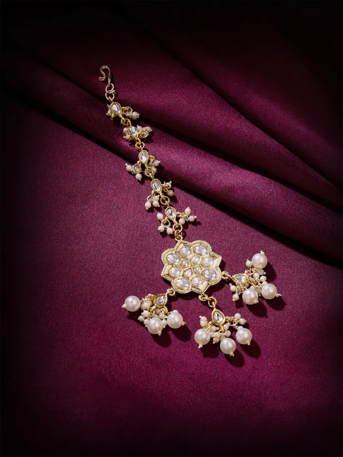 Maang Tikka Traditional Bridal Golden Kundan Gold Plated 17cm x 45cm Yellow Chimes Bracelets