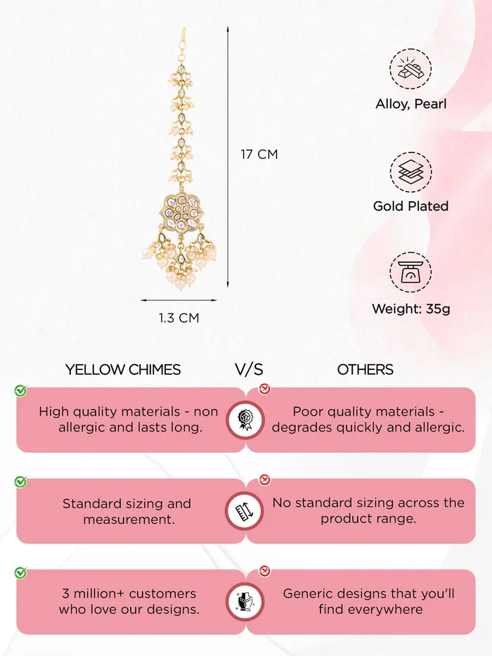 Maang Tikka Traditional Bridal Golden Kundan Gold Plated 17cm x 45cm Yellow Chimes Bracelets