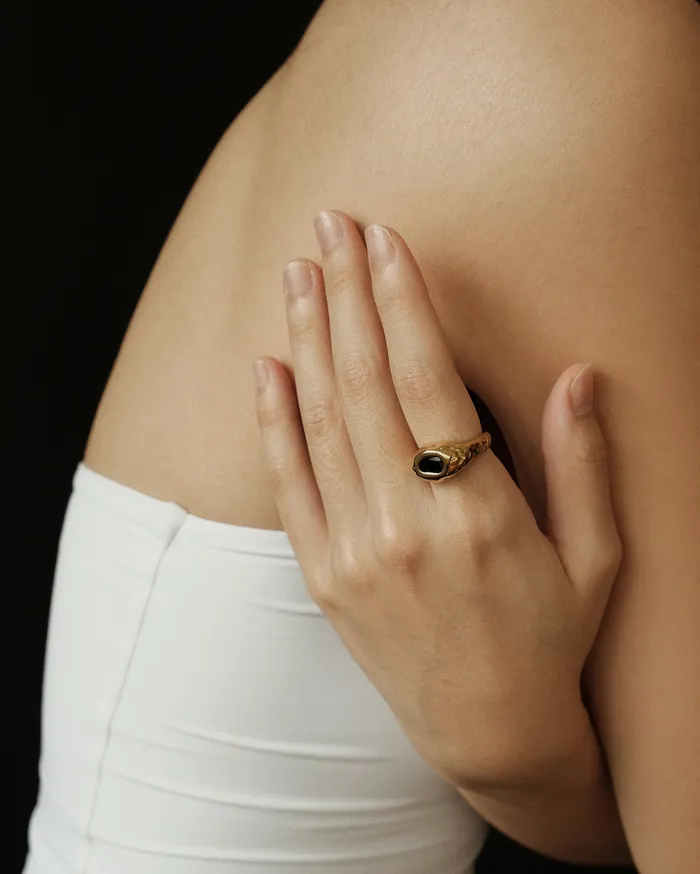 MYJN Rings Jose Black Diamond Hammered Signet Ring