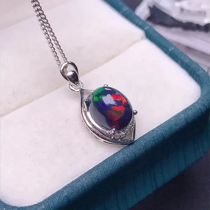 Necklaces Metamorphidi 7x9 Black Opal Necklace Natural Black Opal Leaf Pendant Necklace in Sterling Silver