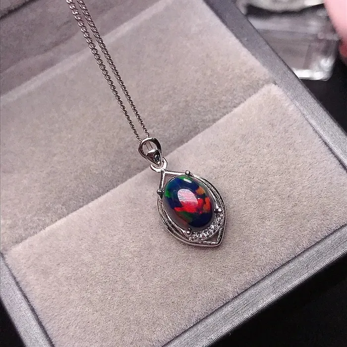 Necklaces Metamorphidi 7x9 Black Opal Necklace Natural Black Opal Leaf Pendant Necklace in Sterling Silver