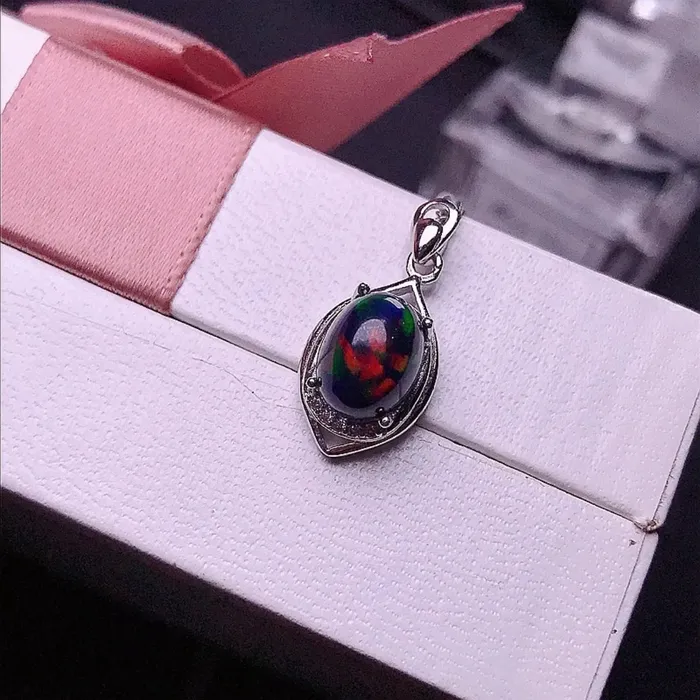 Necklaces Metamorphidi 7x9 Black Opal Necklace Natural Black Opal Leaf Pendant Necklace in Sterling Silver