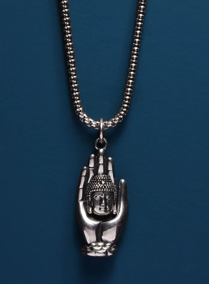 Necklaces WE ARE ALL SMITH Mens Jewelry Clothing Silver Buddha head on hand 316L Stainless Steel Chain Necklaces WE ARE ALL SMITH Mens Jewelry Clothing Silver Buddha head on hand 316L Stainless Steel Chain